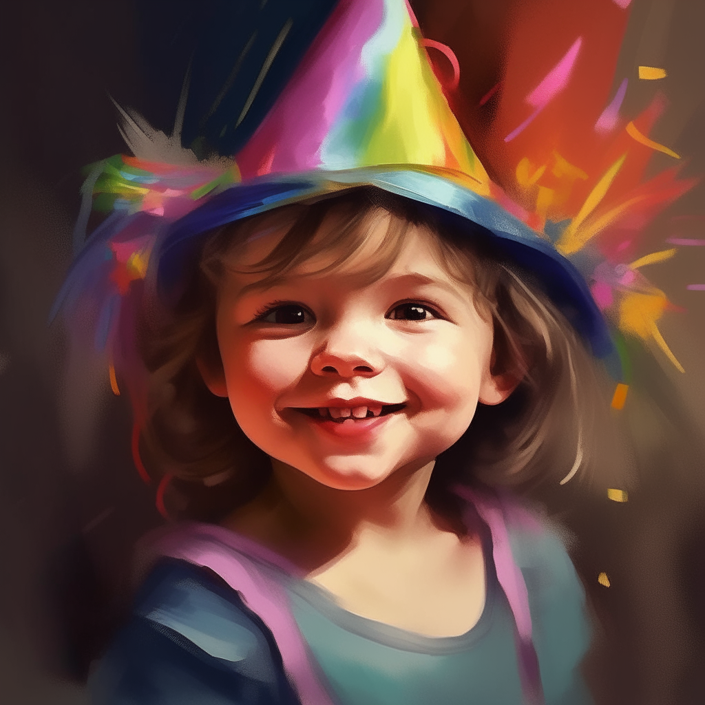 a happy toddler girl wearing a colorful party hat, smiling, detailed digital art painting