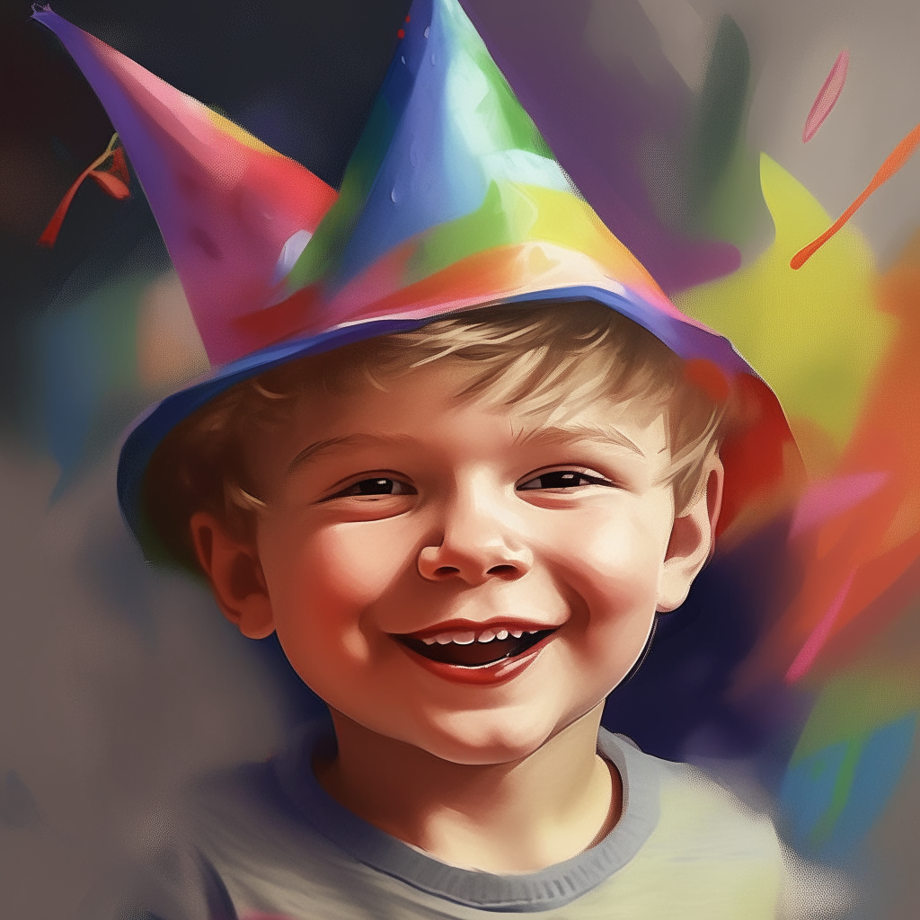 a happy toddler boy wearing a colorful party hat, smiling, detailed digital art painting