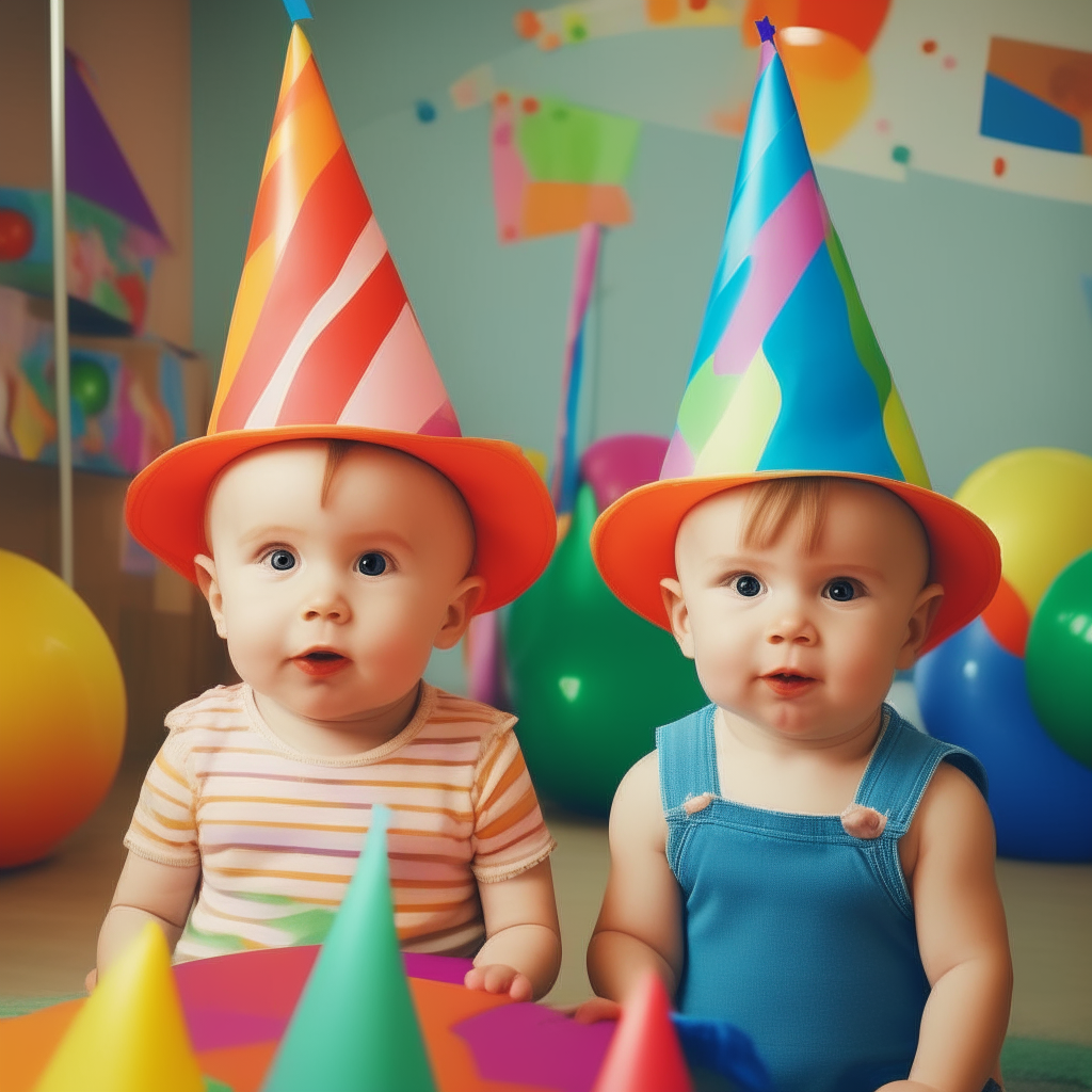 2 cartoon toddlers with colorful party hats in a nursery