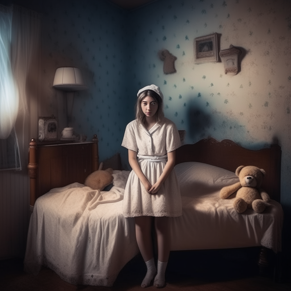 Too realistic  Young woman's bedroom, 20 years vintage  faded wallpaper  A young woman lies under a soft blanket.  A nurse with scary dirty clothes stood at the bedside.  A lone teddy bear sits at the end of the bed, creepy, across the corner over the shoulder, surrealism, low light, sharp 8k.