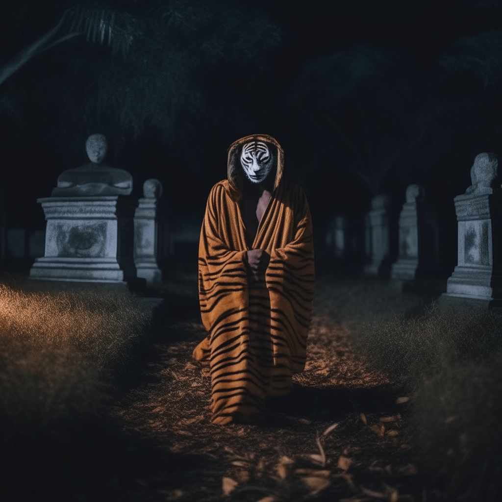 Headless Thai hermit wearing a tiger-pattern robe  Headless Thai hermit meditates in an abandoned Thai cemetery at night in a lonely and lonely atmosphere. Low light 8k

 This is an English story about a headless Thai hermit meditating in an abandoned Thai cemetery at night in an atmosphere of loneliness and loneliness.