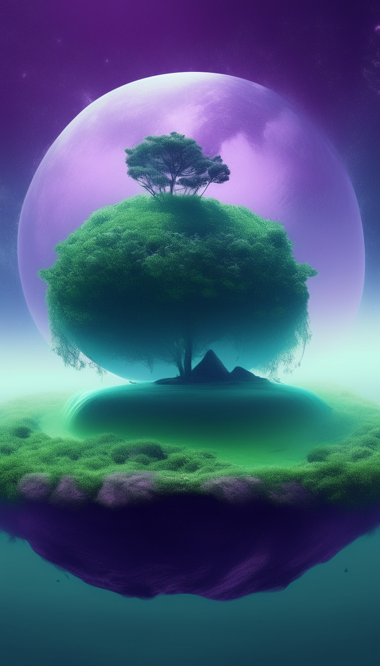 Floating island with pointed bottom and forest green grass in space with a purple mist and tree on top of it. Colorful purple blue indigo. Galaxy. Stunning. Forest green tree. Small floating island big Jupiter like planet in top left corner. The tree is formed in a circle like tree. Only one tree on the floating island