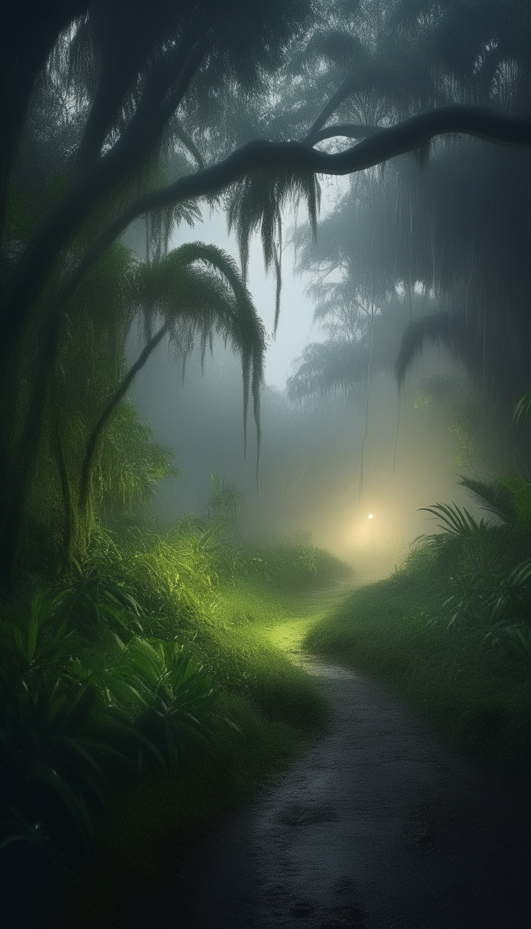 A rainy tropical jungle at night, with a winding path illuminated by moonlight between towering trees hung with Spanish moss and vines. Mist rises from the forest floor as rain patters softly through the leaves.