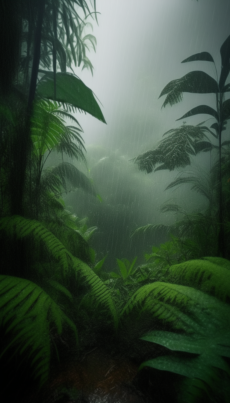 A lush jungle during a heavy tropical downpour. Giant ferns and broad-leaved plants shed curtains of water amid the dense greenery. The air is alive with the sounds and smells of wet earth and vegetation under a dark, stormy sky.