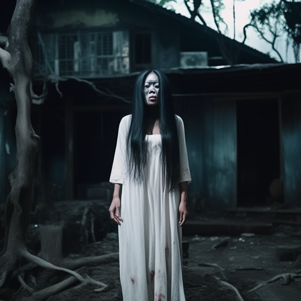 A horror cinematic Jakarta sad female albino ghost red bleeding eyes, extremely long black hair in a dirty worn out white dress, stands in front of a big tree alone at an abandoned old house yard in a remote area in Indonesia, dark moonlit night