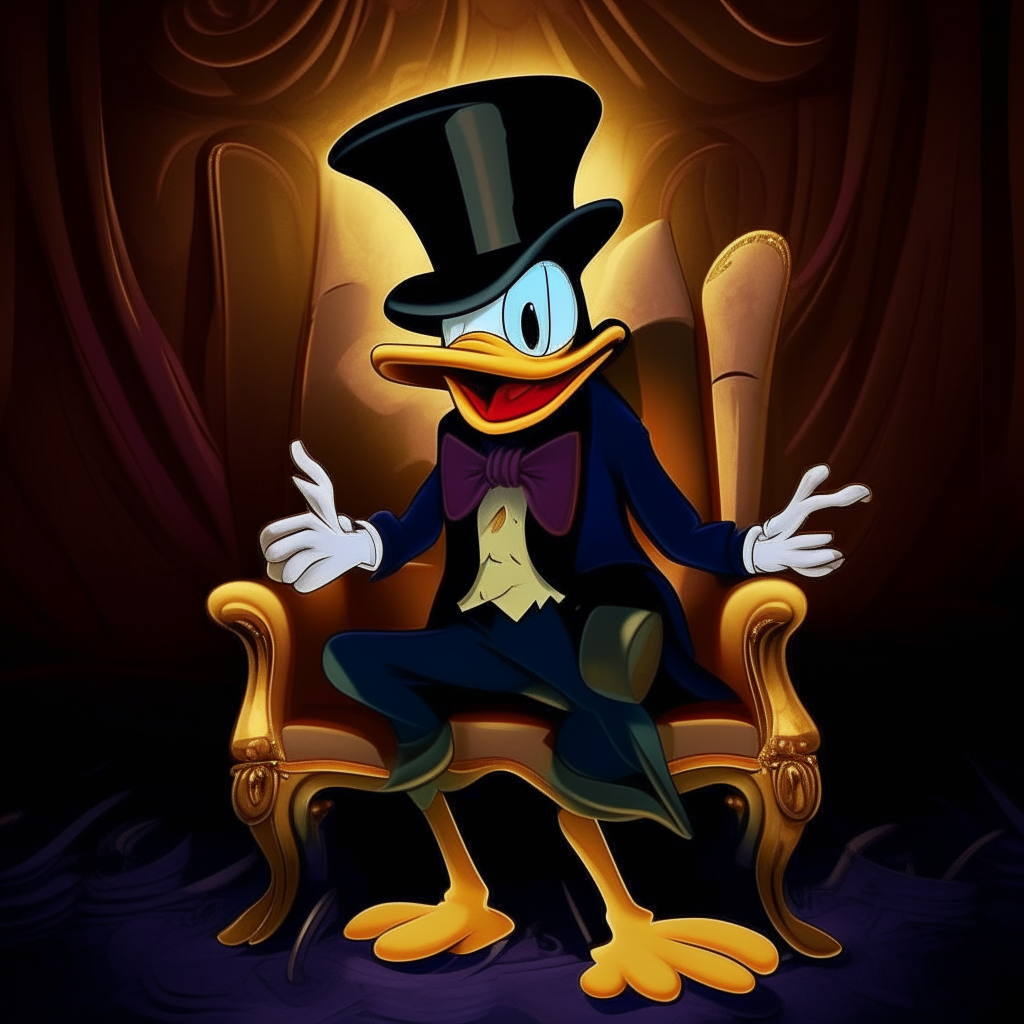 Prompt: Create a realistic image of Donald Duck as a vampire looking at the viewer.  has large fangs  Wear a top hat.  Flip the bird twice.  sitting on a chair  The background is an open vault in gold tones, Bitcoin, Disney style.