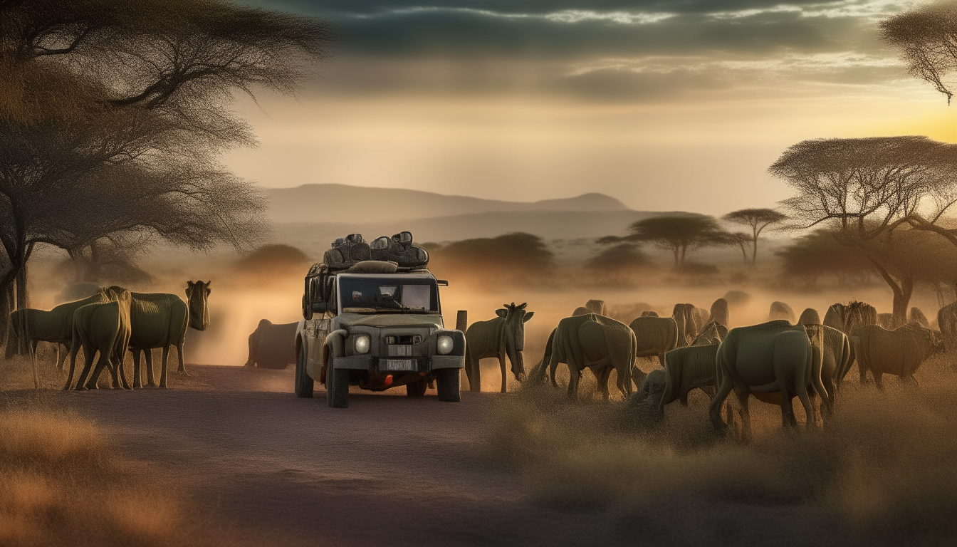 Prompt:
  Stunning wide-angle photography  Free from digital interference  And there are exquisite details of several African buffaloes drinking on the bank of a river, tigers and lions staring at them next to a large tree.   Explorer photographer in the cabin of an olive green vehicle parked on the bank of a river in the African savannah.   This vehicle is equipped for safari tours.  It has all-terrain tires and luggage on the roof.   The withered landscape covered with acacia trees at dawn along with the sky with white clouds creates a calm and pleasant atmosphere.   National Geographic style