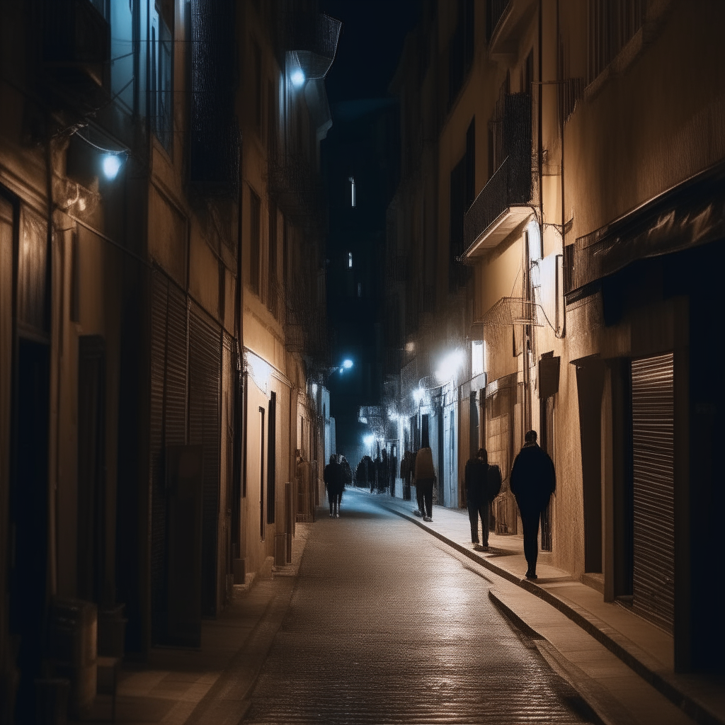 A narrow night street, lights are shining, pedestrians are moving around