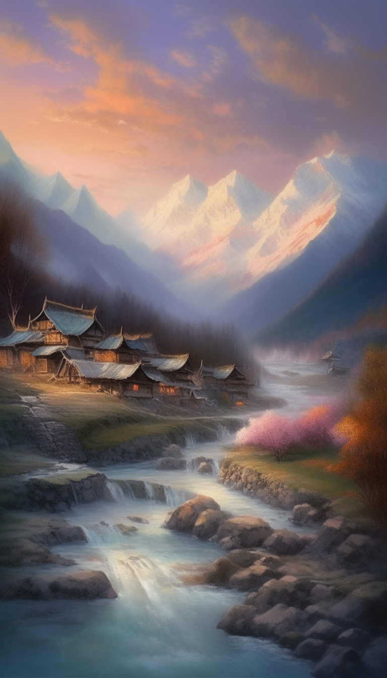 Himalayan village painting at dusk, with flowing streams, traditional watercolor style, snow-capped peaks in the distance, calm and serene atmosphere, vibrant colors used, detailed brushwork, high quality and realistic traditional art, peaceful and calm lighting, scenic natural beauty, done in the style of watercolor painting, at dusk, in a traditional painting style, with detailed mountains and flowing streams in the foreground, a serene and vibrant scene