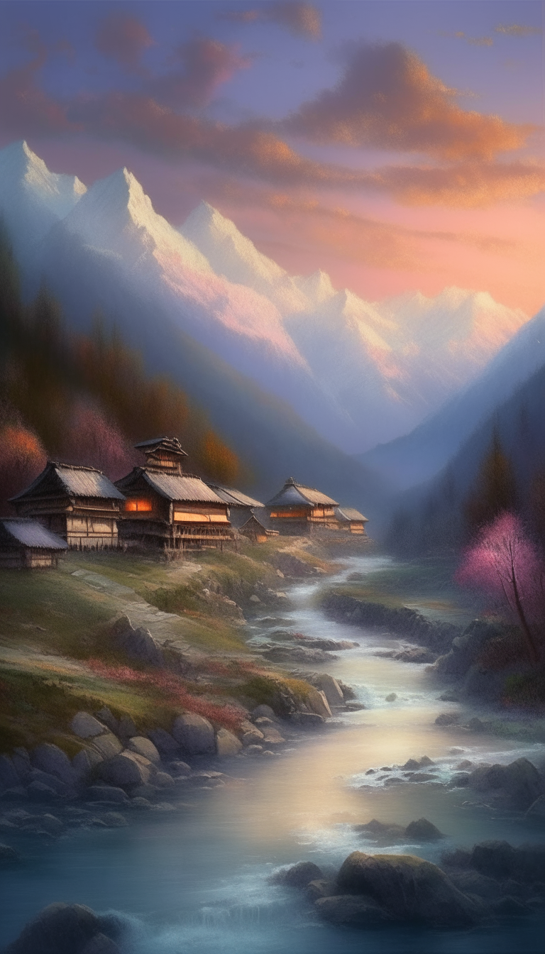 Himalayan village painting at dusk, with flowing streams, traditional watercolor style, snow-capped peaks in the distance, calm and serene atmosphere, vibrant colors used, detailed brushwork, high quality and realistic traditional art, peaceful and calm lighting, scenic natural beauty, done in the style of watercolor painting, at dusk, in a traditional painting style, with detailed mountains and flowing streams in the foreground, a serene and vibrant scene