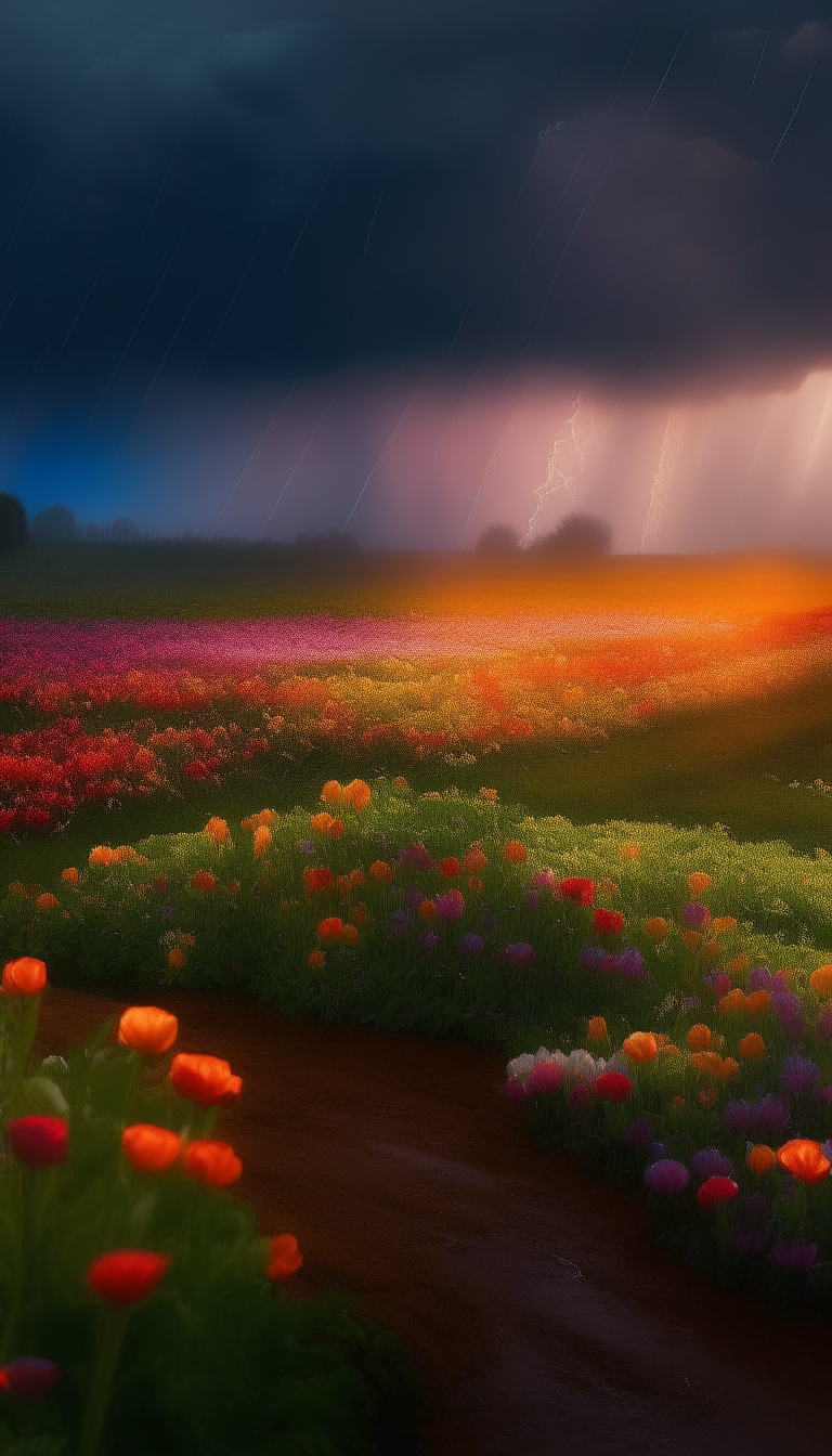 Within a paradise realm, fields of flowers stretch as far as the eye can see on a stormy night. With rainwater nourishing the vibrant blooms and lightning accentuating their beauty, visitors revel in the tranquility amidst the darkness and serenity of the Elysian Expanse