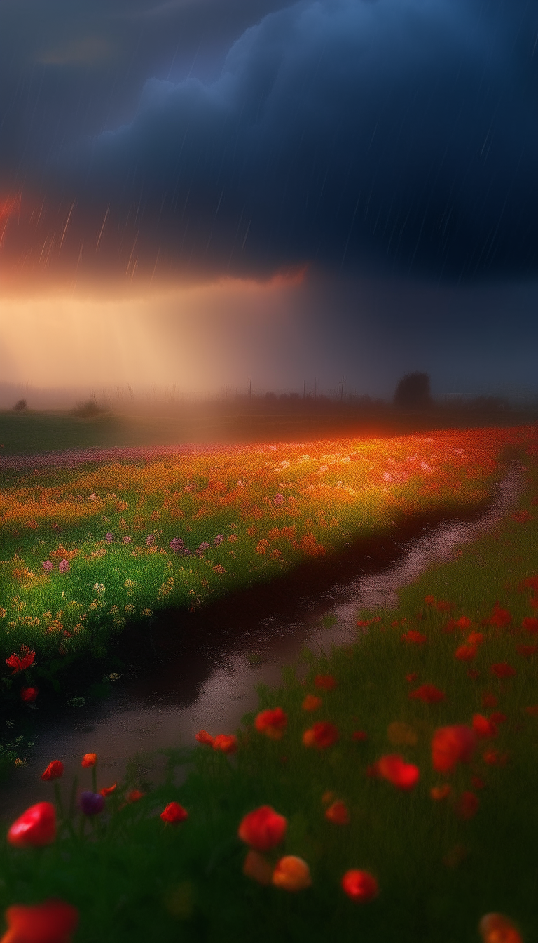 Within a paradise realm, fields of flowers stretch as far as the eye can see on a stormy night. With rainwater nourishing the vibrant blooms and lightning accentuating their beauty, visitors revel in the tranquility amidst the darkness and serenity of the Elysian Expanse