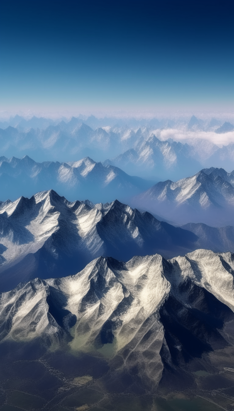 aerial top-down view of Mount Everest and the surrounding Himalayan mountain range, with snowcapped peaks as far as the eye can see