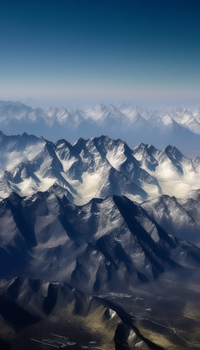 aerial top-down view of Mount Everest and the surrounding Himalayan mountain range, with snowcapped peaks as far as the eye can see