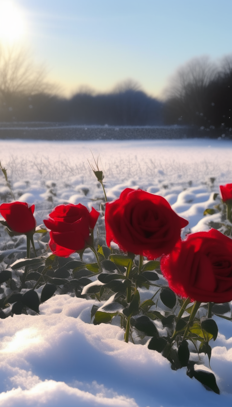 A snowy field with beautiful red roses under a soft winter sun