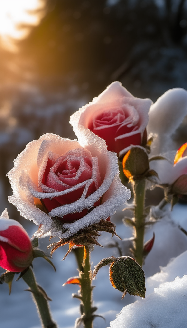 Frost-covered roses in a snowy landscape with gentle sunlight