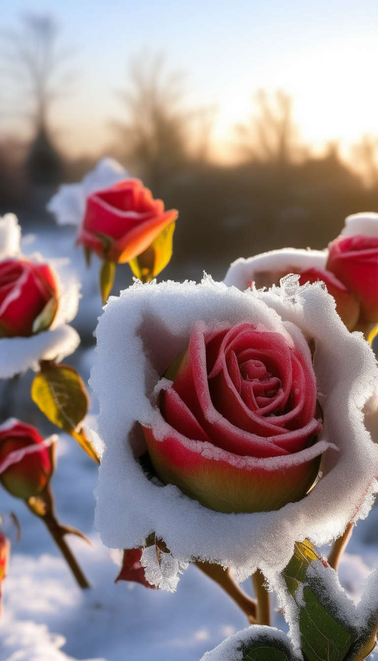 Frost-covered roses in a snowy landscape on a sunny winter day