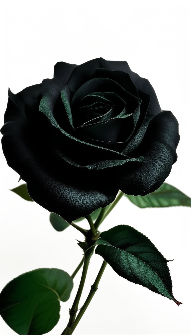 A black rose with deep green leaves against a white background