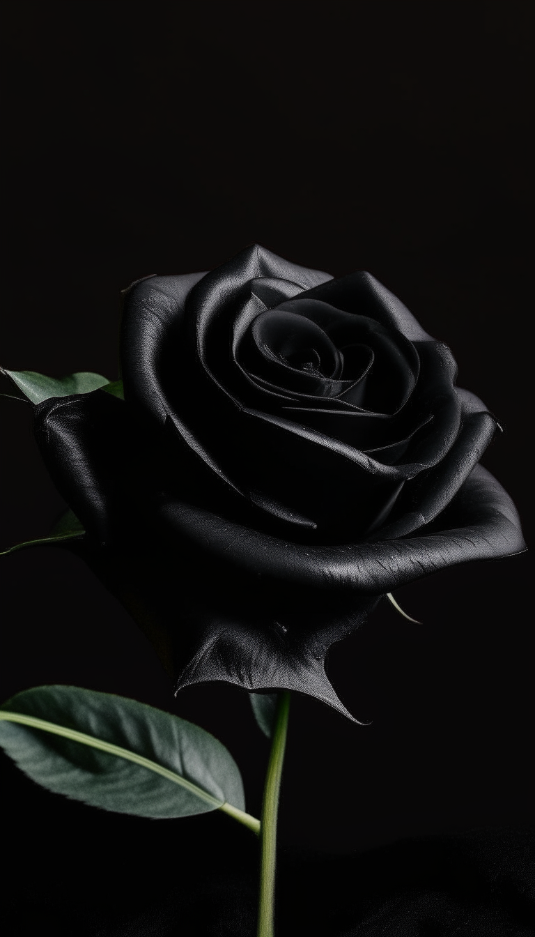 A single black rose with glossy leaves on a plain backdrop