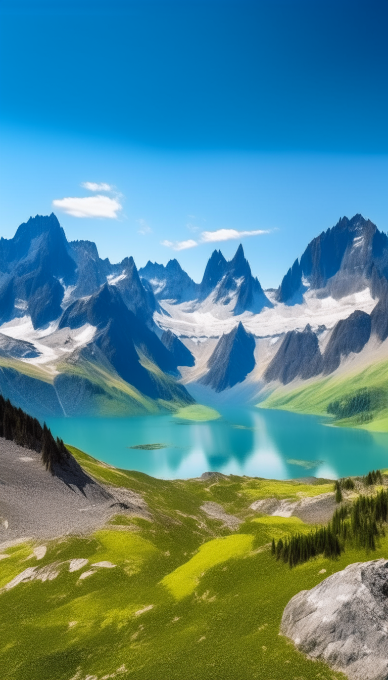 A breathtaking view of alpine meadows and glacial lakes nestled between towering peaks under a clear blue sky