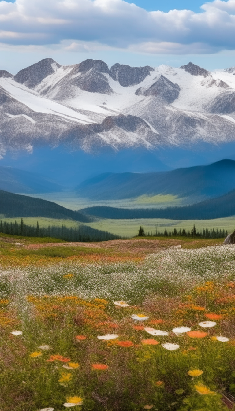 Vibrant wildflowers dot a vast mountain valley beneath snowcapped summits in the distance