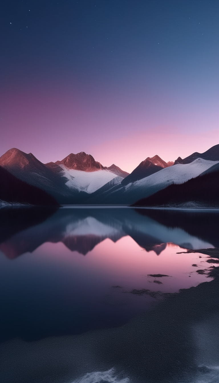 A vast alpine valley at dawn, with snowy peaks glowing rose in the first light as a lake reflects the starry sky