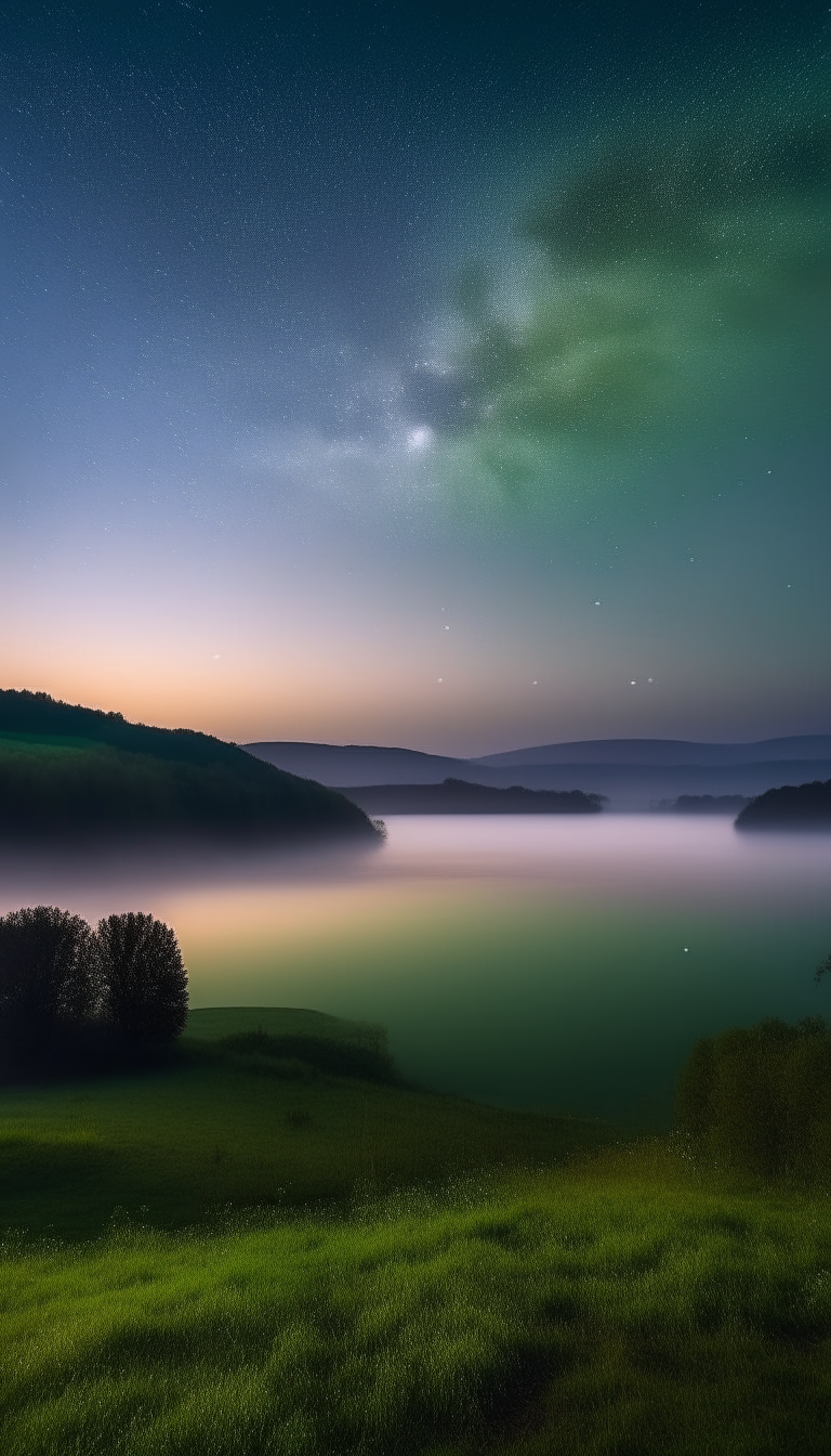 Mist rises over lush green hills and a still lake under a night sky filled with stars, as the first hints of sunrise lighten the eastern horizon