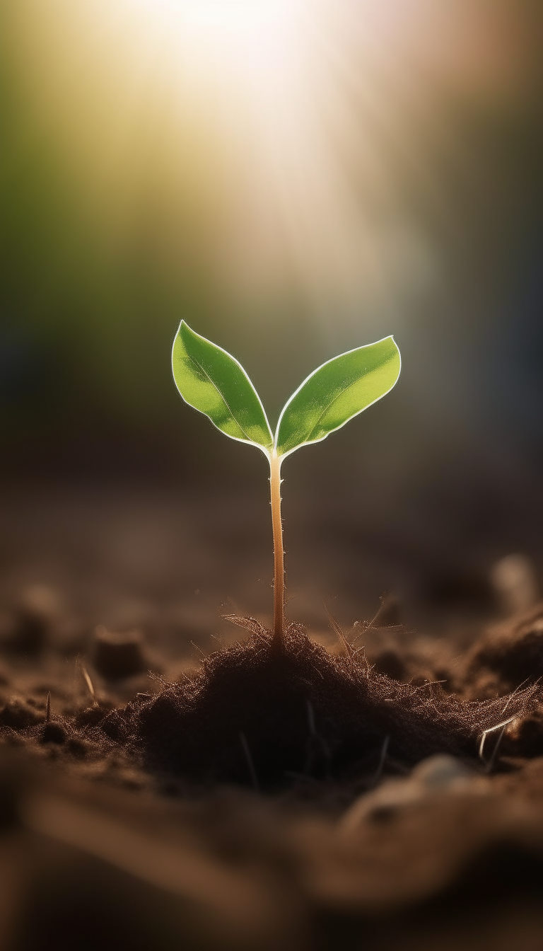 A tiny sprout emerges from the soil, its first four leaves glowing with inner light against a soft background