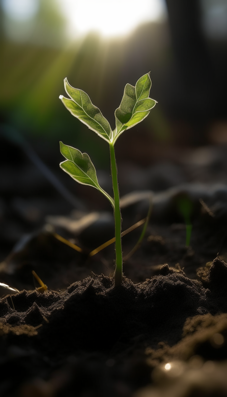 A hopeful seedling's leaves shimmer with subtle magic as it reaches for the sun