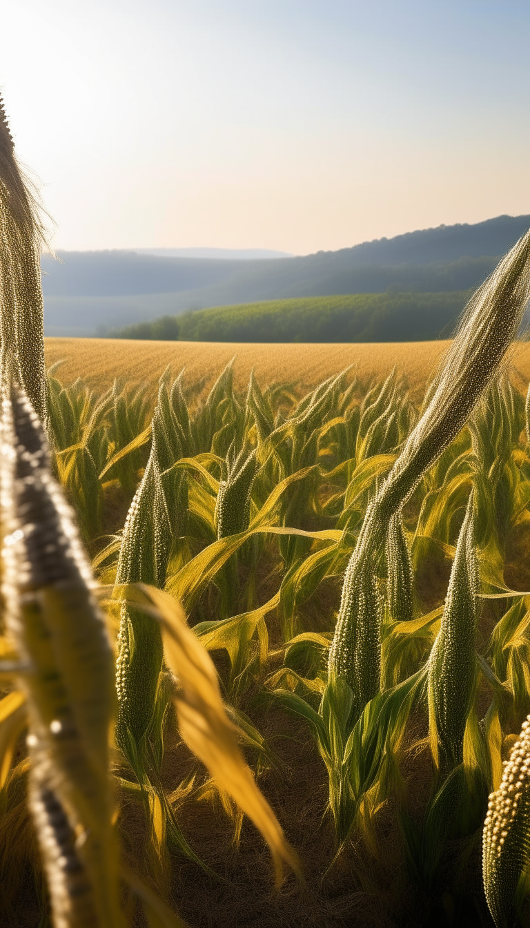 Waving corn tassels stretch as far as the eye can see across rolling hills beneath the sun