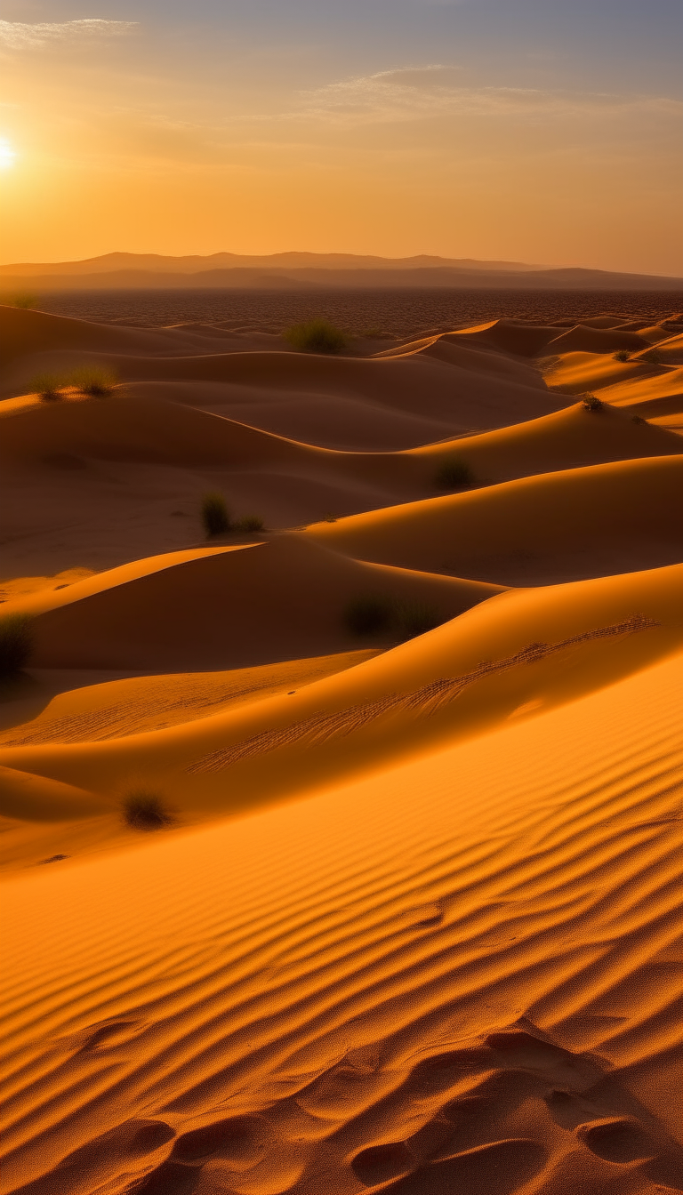 The setting sun paints sand dunes in shades of orange and gold