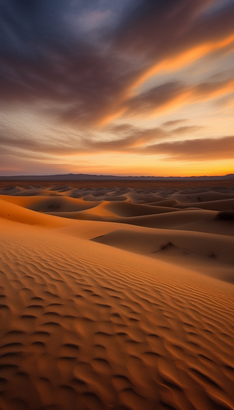 Endless rolling desert sands aglow in the fading light under a painted sky