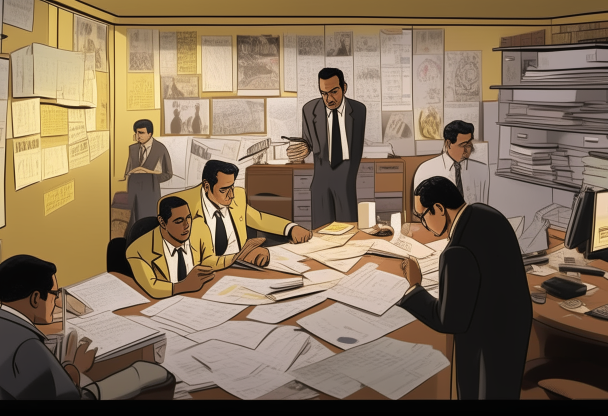 Detectives in an office, surrounded by case files and evidence boards, intensely discussing the case, Depict the thorough and serious investigation process. arrow detective name "Raghu".