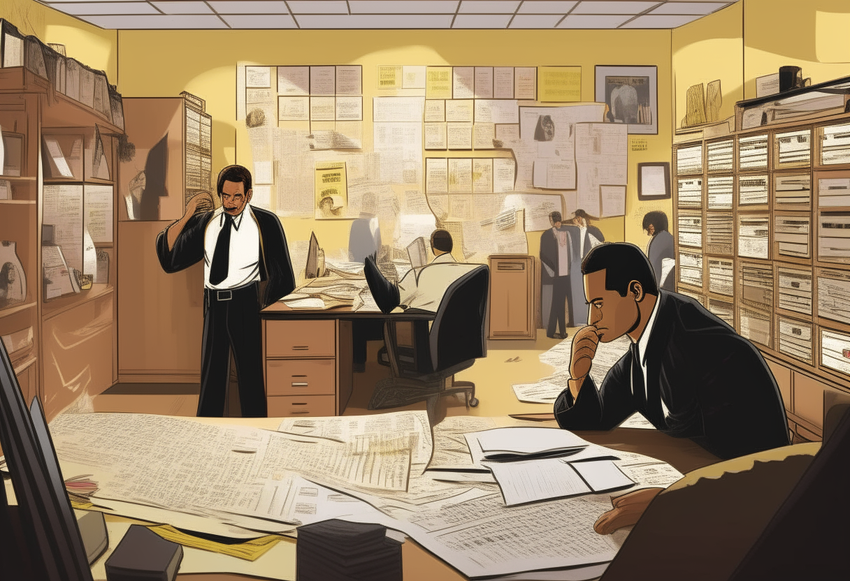 Detectives in an office, surrounded by case files and evidence boards, intensely discussing the case, Depict the thorough and serious investigation process. text and arrow Detective name "Raghu".