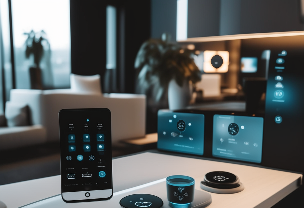 Display a smart home setup with various devices being controlled by an AI-powered personal assistant. Show a user interacting with the assistant via voice commands, emphasizing convenience and integration.