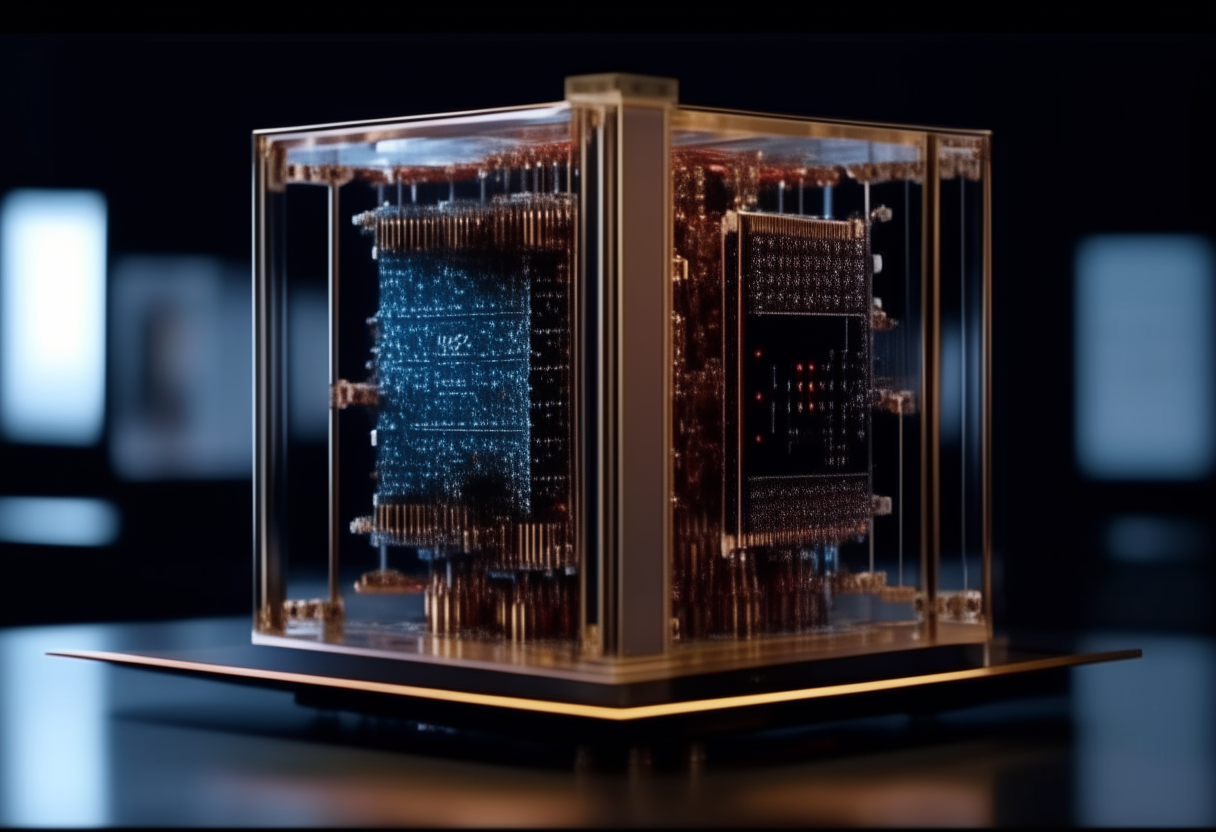 Feature a conceptual image of a quantum computer's intricate design and advanced technology. Include a digital display showing complex calculations, conveying its cutting-edge capabilities.