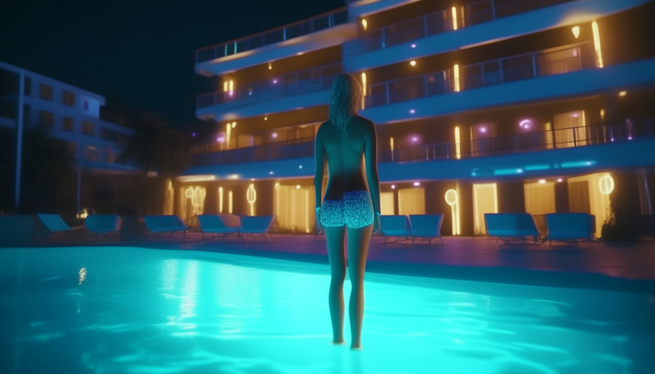 Beautiful 22 year old girl, 3D style, wearing a bikini, walking at the hotel swimming pool, beautiful lights, colorful colors, 16k