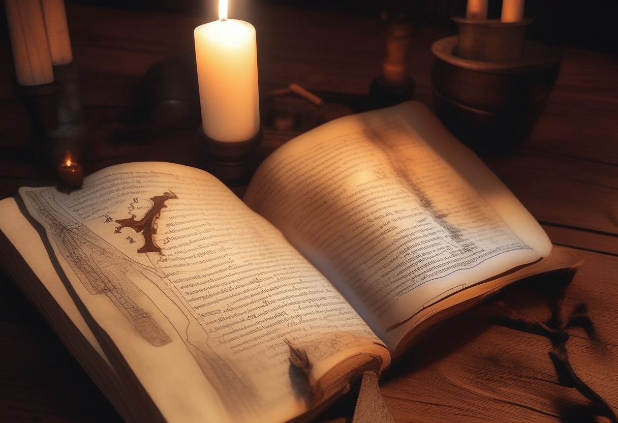 A close-up of an open book with faded pages, lying on a wooden table. The book is adorned with mysterious symbols and diagrams, illuminated by a single flickering candle nearby.