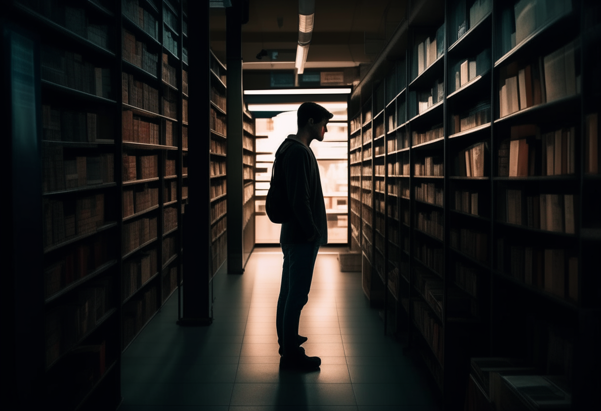 Jems Stn standing in the dimly lit aisle of the bookstore, flashlight in hand, casting long shadows on the shelves. His expression is a mixture of wonder and apprehension as he gazes into the distance.