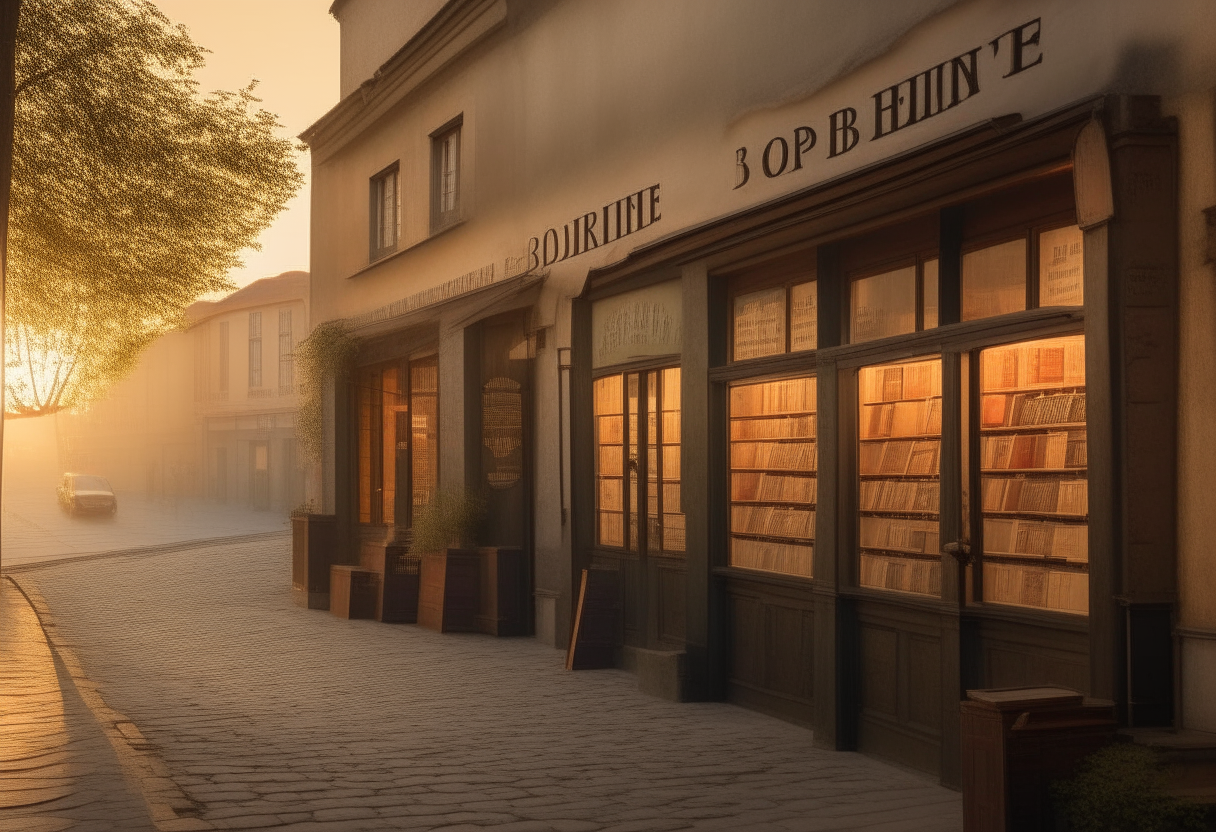 The exterior of the bookstore at dawn, bathed in the soft light of the rising sun. The old sign creaks slightly in the gentle breeze, casting a faint shadow on the cobblestone path leading up to the entrance.