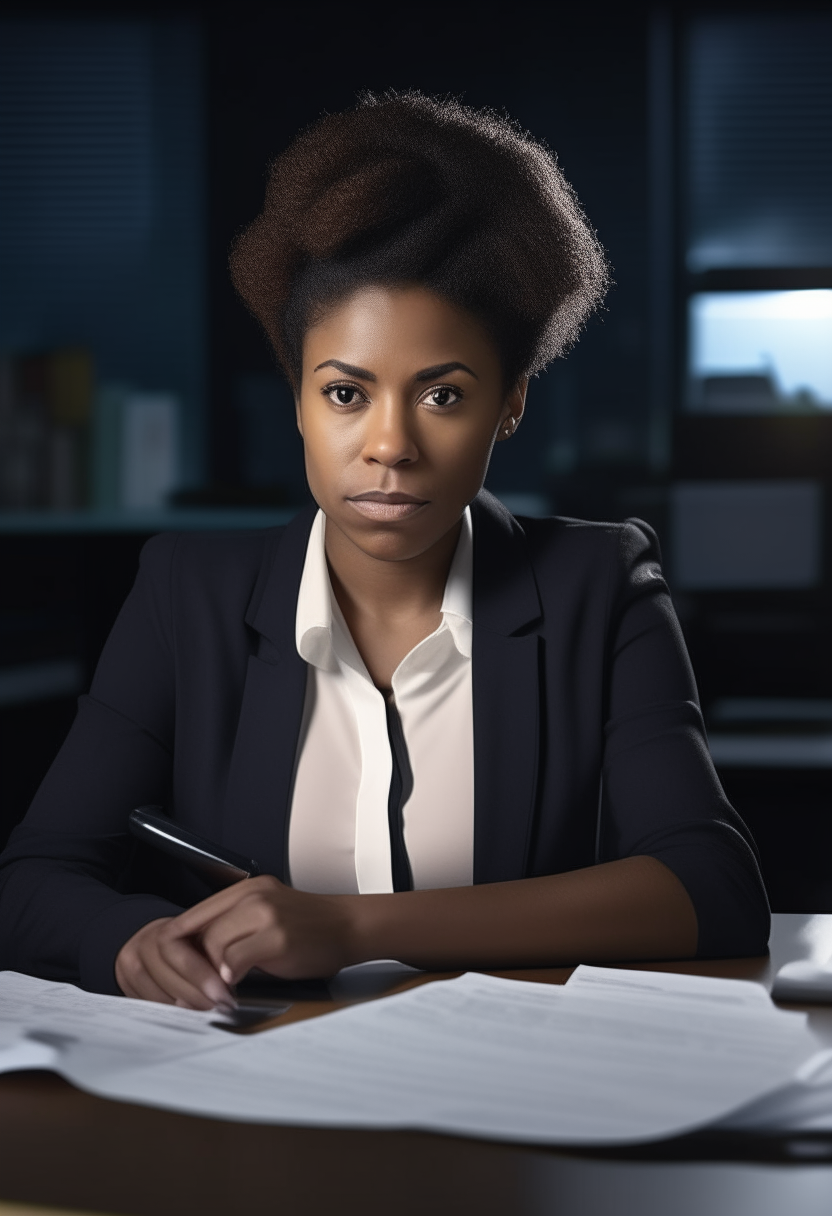 a beautiful black female news caster sitting behind a desk, holding papers and looking into the camera with a serious expression photorealistic portrait taken with a Canon 5D Mark IV DSLR camera using a 50mm prime lens