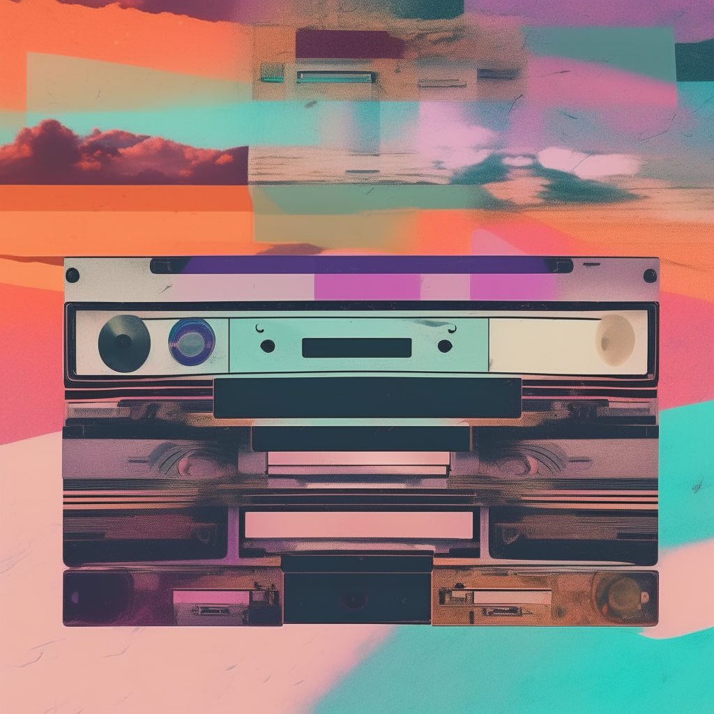 a retro lofi album cover for an experimental 1980s cassette, featuring faded colors, tape noise and a psychedelic collage of found images and textures