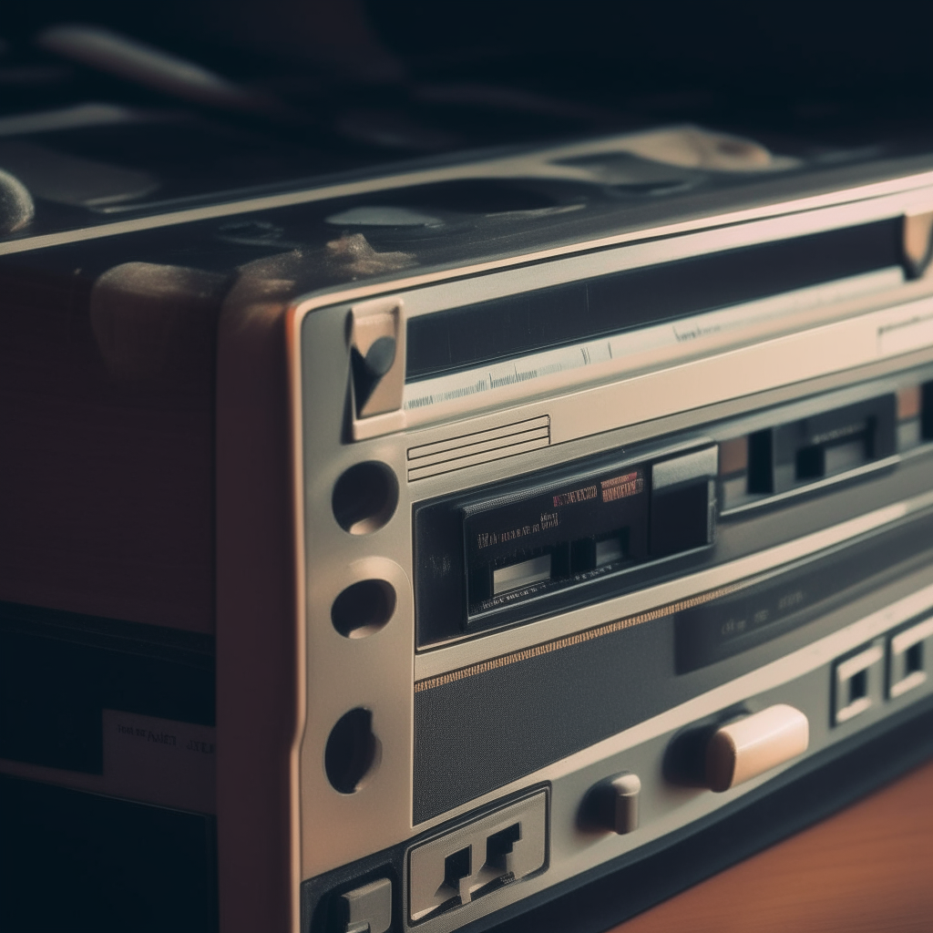 A closeup of a vintage tape deck with a cassette partially ejected, grainy 1980s aesthetic
