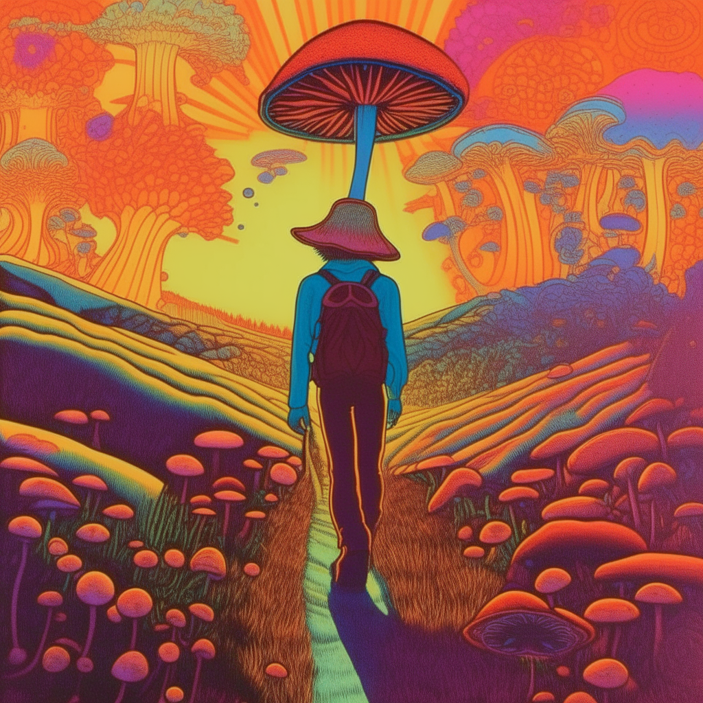 Psychedelic folk album cover featuring a person walking through a field of colorful mushrooms at sunset