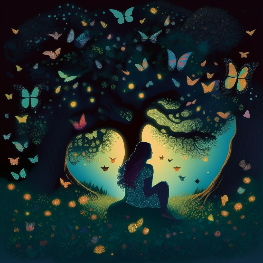 Psychedelic folk album cover featuring a person sitting under a tree surrounded by glowing butterflies at night