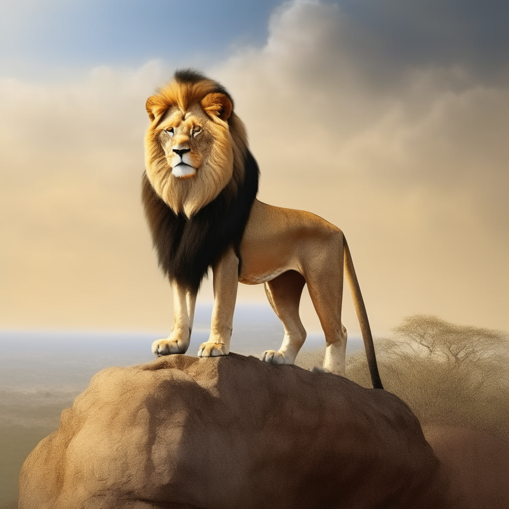 A majestic lion with a flowing mane standing on a rock overlooking the African savannah