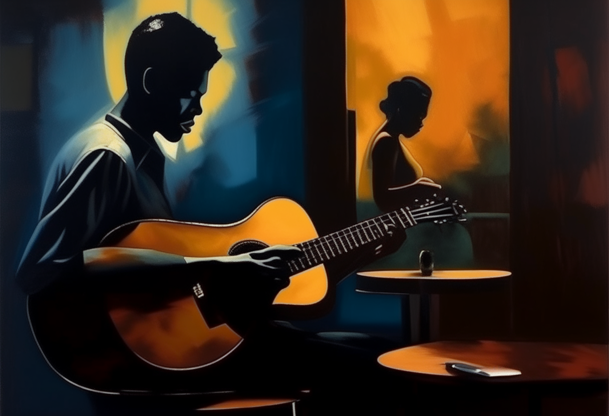 dark jazz club in detail guitarist - acoustic guitar, in the background a vague silhouette of a woman in an artist's oil painting