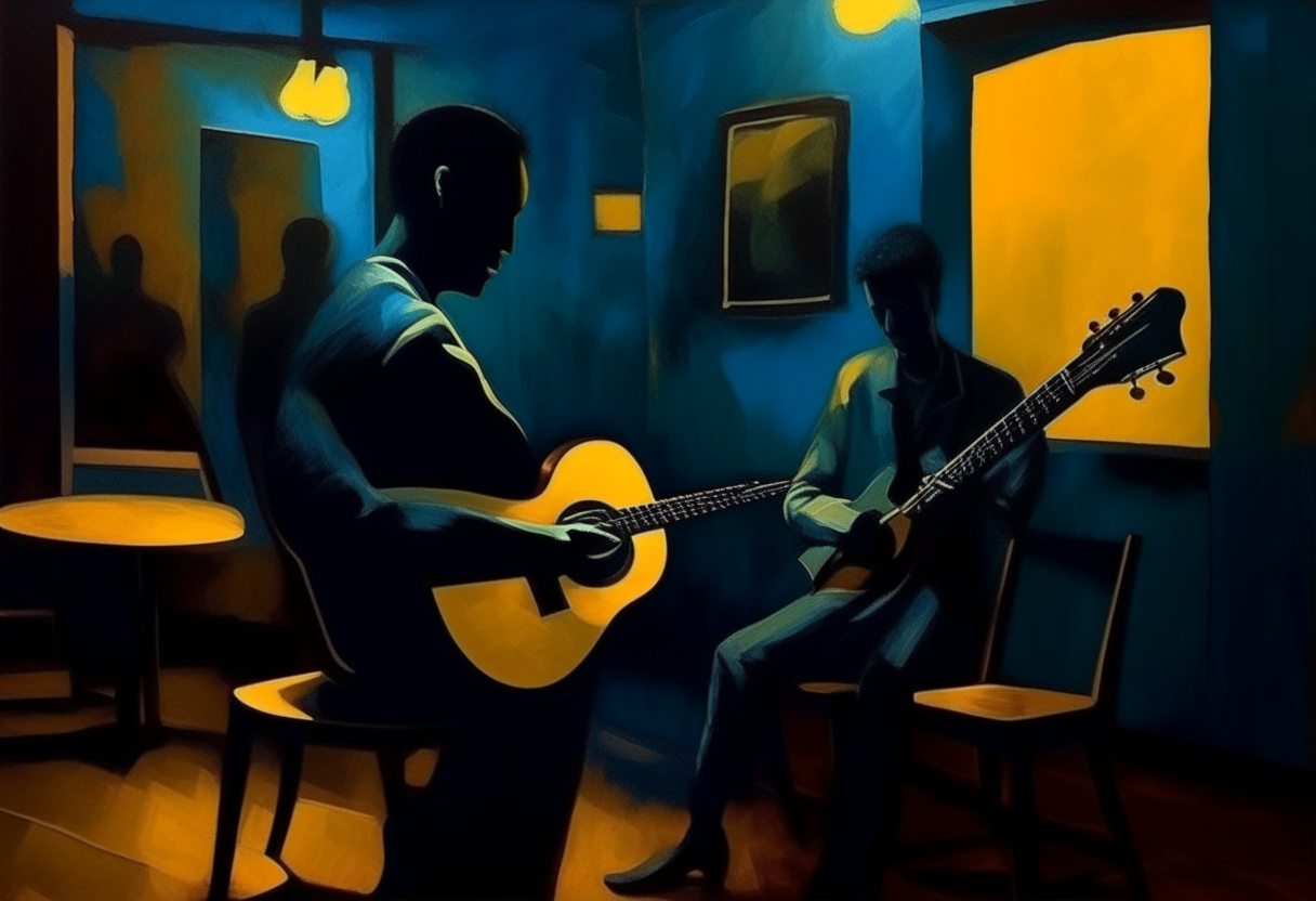 dark jazz club in detail guitarist - acoustic guitar, in the background a vague silhouette of a woman in an oil painting by the artist Vincent Van Gogh