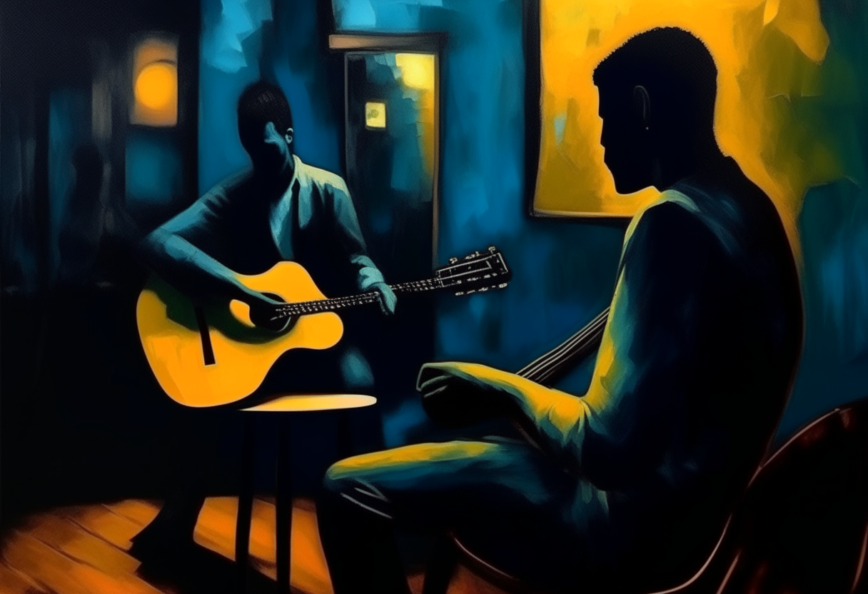 dark jazz club in detail guitarist - acoustic guitar, in the background a vague silhouette of a woman in an oil painting by the artist Vincent Van Gogh