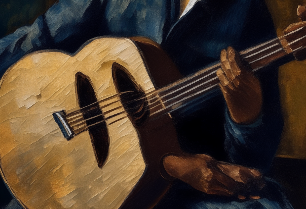 oil painting by artist Vincent Van Gogh - detail of a jazz guitarist playing an acoustic guitar in a dark club